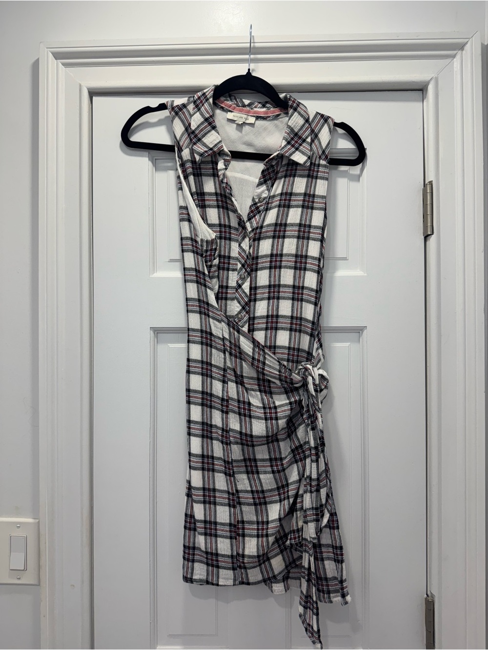 Skies Are Blue Sleeveless Plaid Midi Wrap Dress in White, Black, and Red